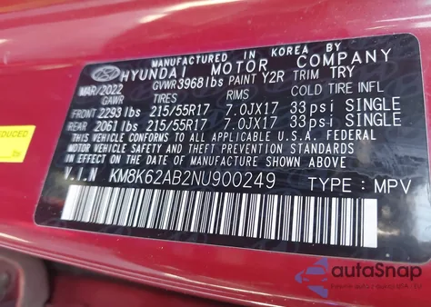 2022 Hyundai Kona Sel from USA, damaged, VIN KM8K62AB2NU900249